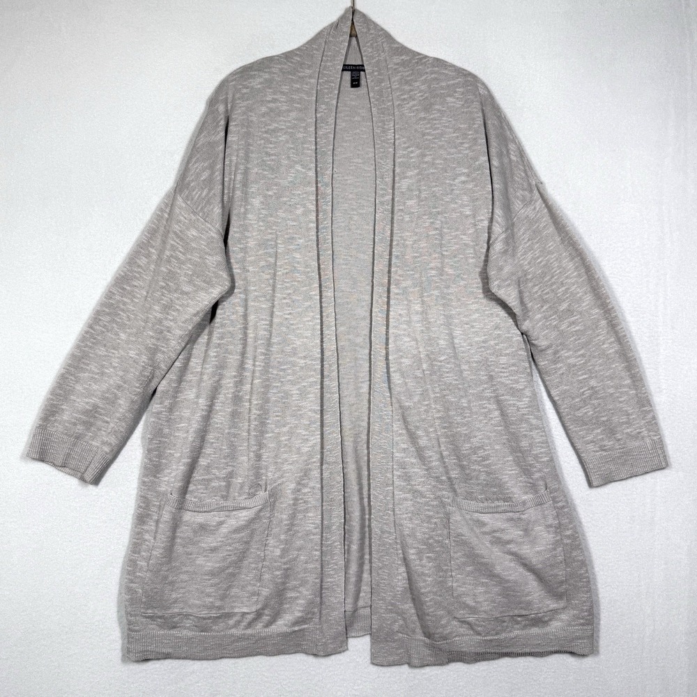 Eileen Fisher‎ Sweater Womens Medium Cardigan Organic Cotton Linen Slub Greige